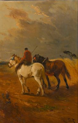 tableau représentant deux hommes à cheval dans un champ, avec le ciel en arrière-plan
