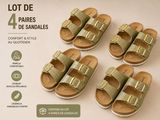 quatre paires de sandales ornées de boucles, sur fond blanc