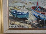 a painting of two boats on the beach by the water