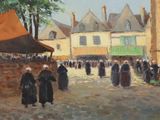 painting of people walking down a street in front of a church