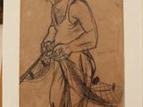 a drawing of a man with a baseball bat on a table