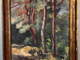 an oil painting of a forest scene with trees in the foreground