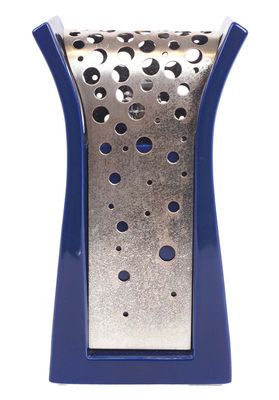 a silver and blue toothbrush holder on a white background