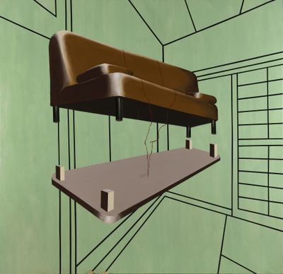 un dessin représentant un canapé et une étagère dans une pièce