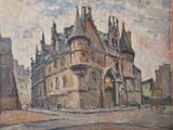 an oil painting of a building with a clock tower on top of it