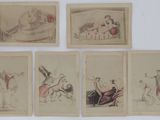 several drawings of people in various poses on a white surface