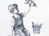 drawing of a young boy holding a toy monkey and a basket of toys
