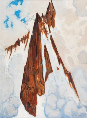 an oil painting of a mountain peak with clouds in the sky