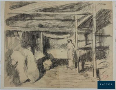 esquisses d'un dessin représentant une femme dans une chambre avec un lit