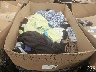 a cardboard box filled with clothes and other items