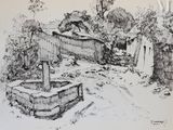 dessin représentant un jardin avec un puits au milieu