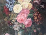 a painting of a vase of flowers and fruit on a table