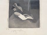 dessin représentant une femme allongée sur un lit avec un parapluie