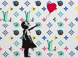 a painting of a girl with a balloon on a wall
