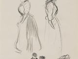 quatre croquis représentant des femmes en robe et chapeau, dont l'une porte un chapeau
