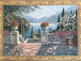 painting of a garden with flowers and a bicycle by the water