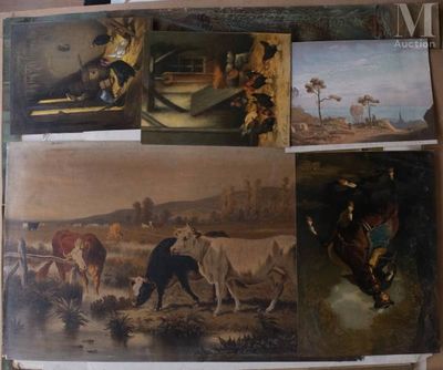 four pictures of a man on a horse in a field