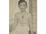 drawing of a young boy sitting in front of a window with a necklace on his neck
