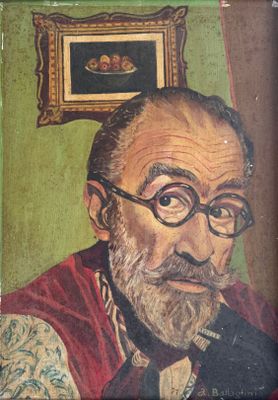 tableau représentant un homme à lunettes et barbu dans une pièce verte