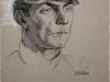 an old drawing of a man wearing a baseball cap