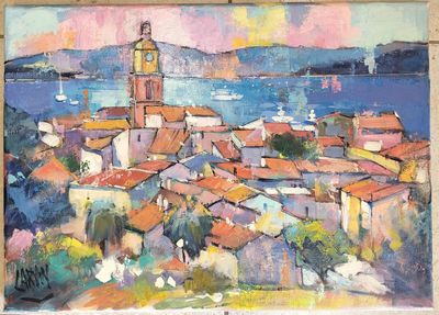 painting of a view of a town with a clock tower in the distance