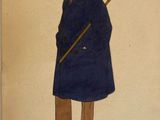 un dessin représentant un homme vêtu d'un manteau bleu et d'un chapeau