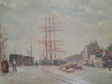 a painting of a harbor scene with ships in the water