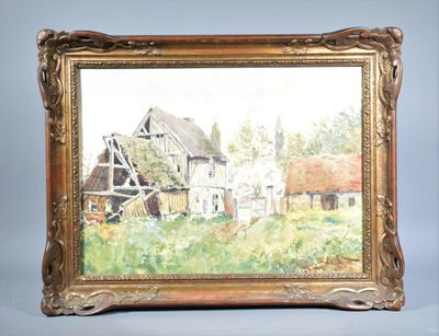 une peinture à l'huile représentant une scène de ferme avec une grange en arrière-plan
