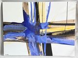 une peinture représentant une croix, réalisée à la peinture bleue sur une feuille de papier