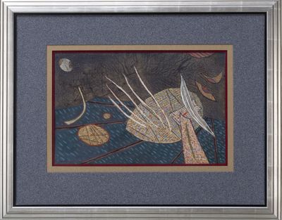 framed picture of a painting of a bird in a pond