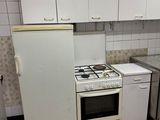 une petite cuisine équipée d'une cuisinière, d'un réfrigérateur et d'un évier