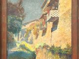 une peinture à l'huile représentant un bâtiment avec un balcon et une rivière en premier plan