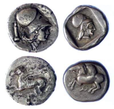 four ancient silver coins with a horse and rider on them