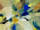 abstract painting of blue, yellow, and white flowers in a vase