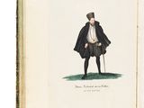 un livre ouvert sur lequel figure le dessin d'un homme vêtu d'une cape