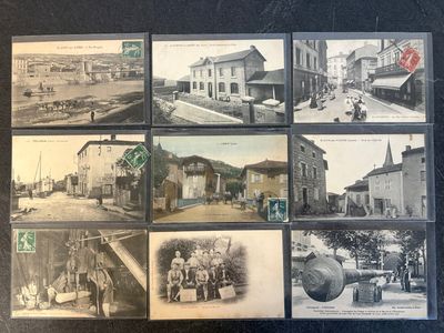 several old black and white photographs of a town with people