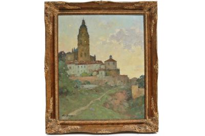 une image d'un tableau représentant un château sur une colline