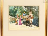 tableau représentant un cheval tirant une calèche avec des passagers à bord