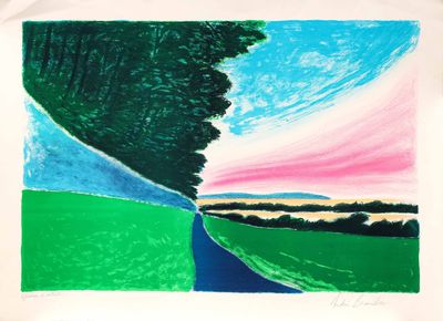 dessin représentant un tableau représentant un paysage avec des arbres et une route