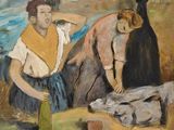 un tableau représentant un homme et une femme avec une bouteille de vin