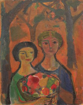 un tableau représentant deux femmes tenant un panier de fleurs devant un arbre