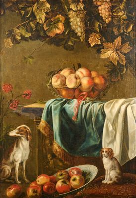 tableau représentant une nature morte avec des fruits et un chien sur une table