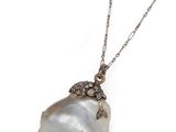 a close up of a necklace on a white background