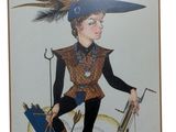 un tableau représentant une femme coiffée d'un chapeau et tenant un fusil