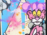 a painting of a pink cat on a wall