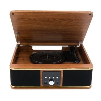 an image of a wooden record player sitting on top of a table