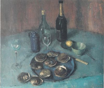 a painting of oysters on a plate next to a bottle of wine