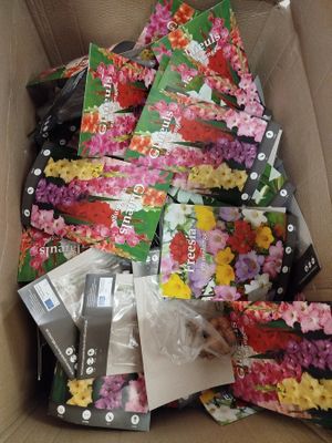 une boîte en carton remplie de nombreuses fleurs et graines