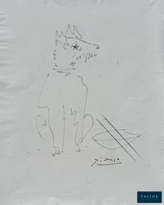 dessin représentant un chien assis par terre à côté d'un bol de nourriture