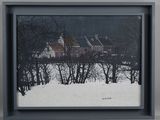 painting of a house in a snowy field with trees in the foreground